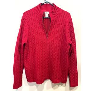 LL Bean Cable Knit Full Zip Long Sleeve Red Mock Neck Zip Up Sweater Womens XL
